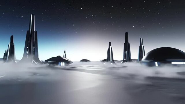 Futuristic Sci-Fi City on a Desolate Planet Under a Starry Night Sky