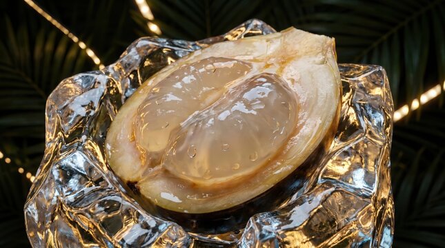 Fresh, halved, tempting fruit placed on transparent ice