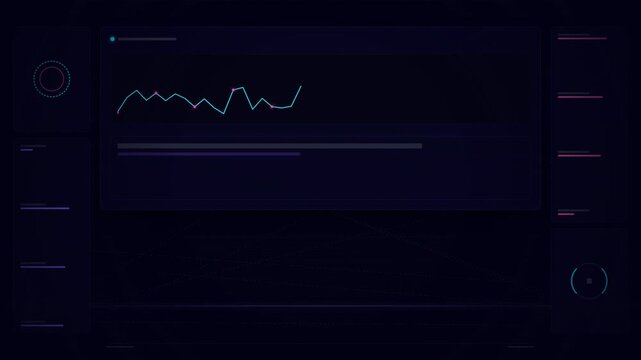 A sleek, dark-themed digital dashboard displays line graphs, data metrics, and fluctuating charts indicating analytics trends