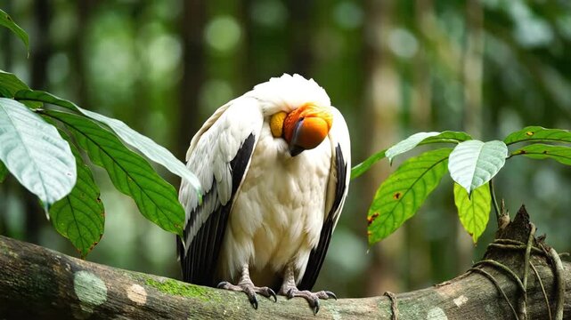 Majestic king vulture perched on branch in lush tropical forest