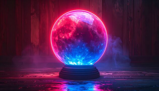 Glowing crystal ball with neon lights.