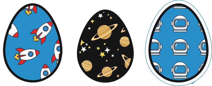 Delightful sticker style easter egg designs with rockets, planets, and astronaut helmets for a cosmic celebration.