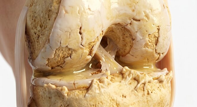 Knee Joint Osteoarthritis Severe Cartilage Degradation with Synovial Fluid Close Up 3D Medical Illustration