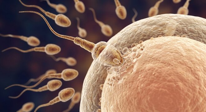 Human Sperm Fertilizing Egg Cell Oocyte with Acrosome Reaction 3D Medical Illustration