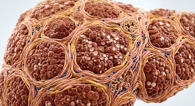 Liver Cirrhosis Fibrosis Hepatocyte Nodules with Fatty Degeneration Close Up 3D Medical Illustration