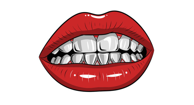 Sensual Red Lips Biting Teeth Open Mouth Close Up Illustration