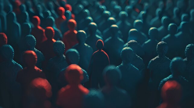 One glowing figure standing out from a massive crowd of dark anonymous silhouettes, concept of individuality and leadership.