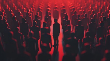 Obraz premium One glowing figure standing out from a massive crowd of dark anonymous silhouettes, concept of individuality and leadership.
