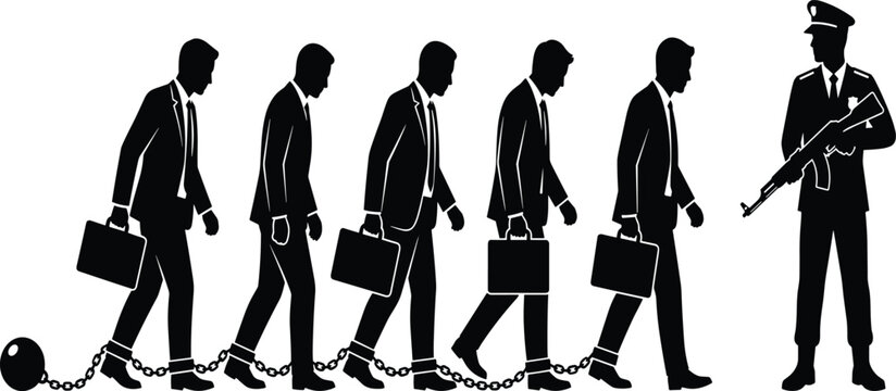 Businessmen shackled in chains with iron ball marching toward armed prison guard or military soldier vector silhouette concept design.