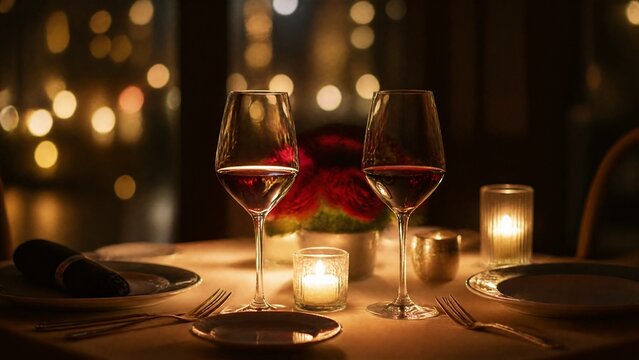 candlelit. Romantic dinner setup with two wine glasses illuminated by candlelight, creating an intimate ambiance. lifestyle magazines.