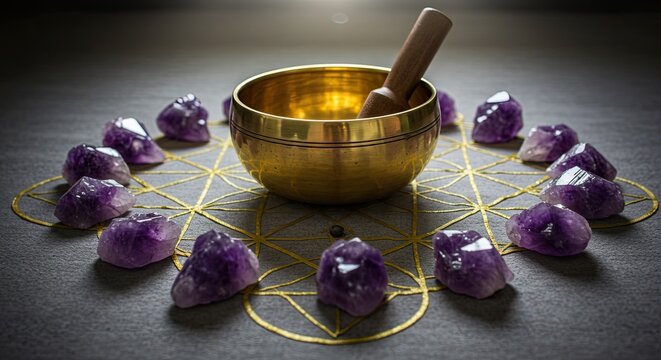 Golden singing bowl and amethyst crystals arranged in a spiritual composition