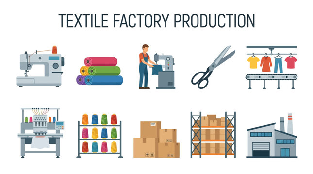 Textile factory production vector illustration for clothing manufacturing process