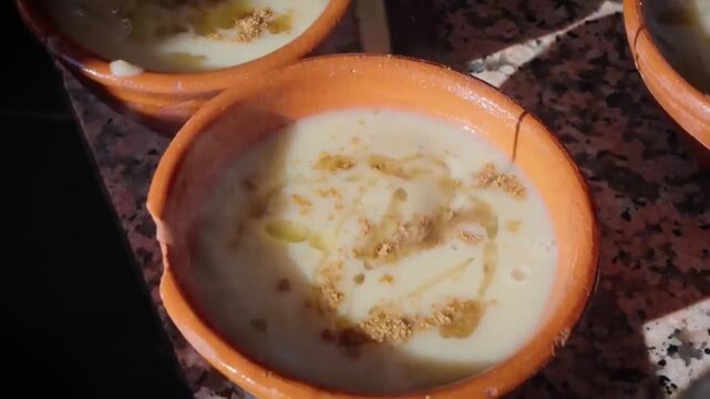 Traditional Moroccan Bissara Soup Served Hot With Olive Oil And Cumin In Marrakech Morocco