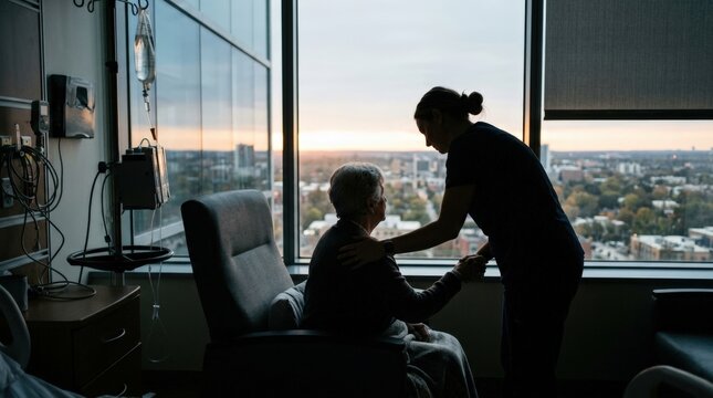 Compassionate Nurse Provides End of Life Care Support for Senior Patient in Hospital Room