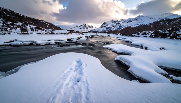Snowy Mountain River Landscape Winter Scene.