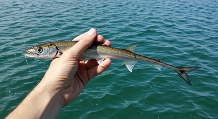 Obraz premium Hand holding small fish against a backdrop of ocean water outdoors