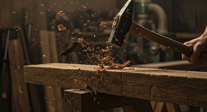 Hammer striking wood action shot in a workshop environment