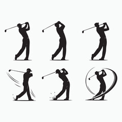 Six black silhouette golf players in various swinging poses golfer sport © Salman92
