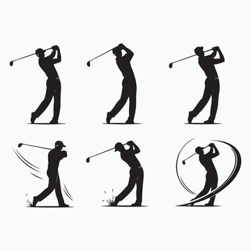 Six black silhouette golf players in various swinging poses golfer sport