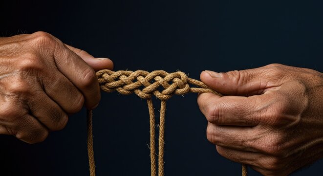 Hands weaving natural fiber rope creating textured pattern against dark backdrop