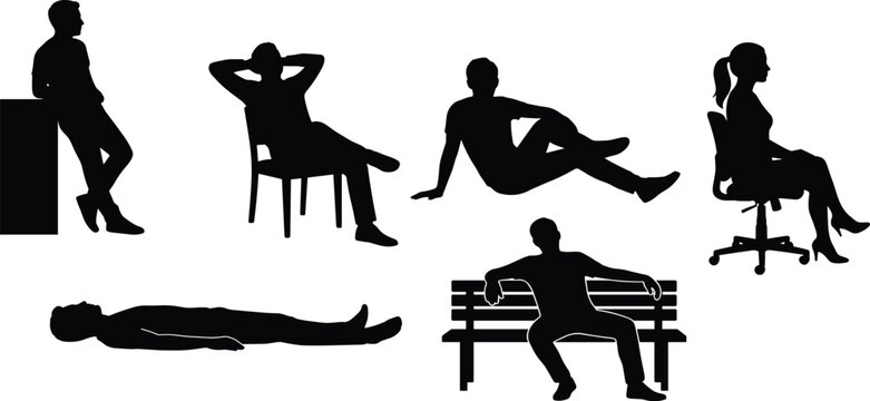 People in various relaxing poses sitting on chair lying down leaning and resting on park bench vector silhouette, lifestyle commercial graphics.
