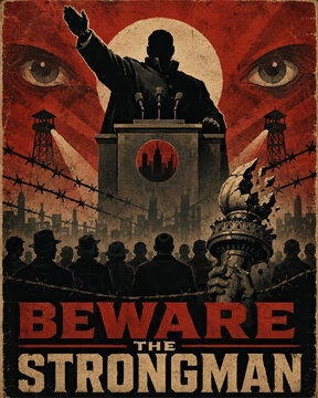 Vintage totalitarian propaganda poster illustration reading beware the strongman with dictator silhouette broken liberty torch and watching eyes