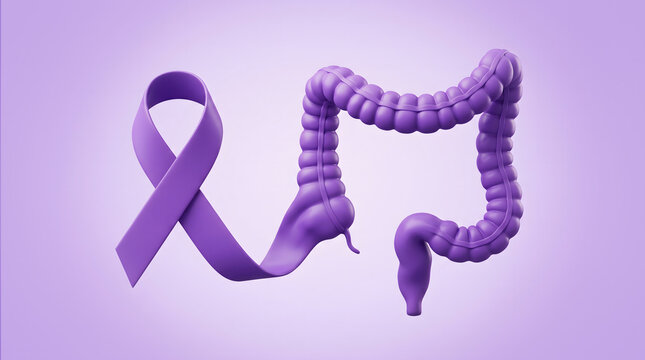 World IBD Day awareness concept with purple ribbon shaped into colon, inflammatory bowel disease support and digestive health 3D illustration