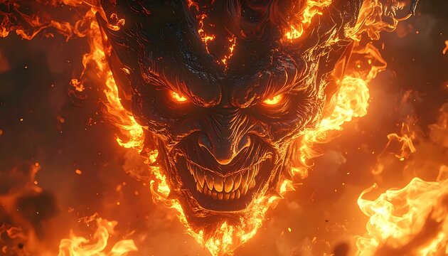 Fiery demon face with glowing eyes.