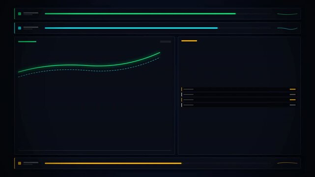 A modern digital dashboard interface displaying various graphs, charts, and data metrics with a dark theme and vibrant accent lines