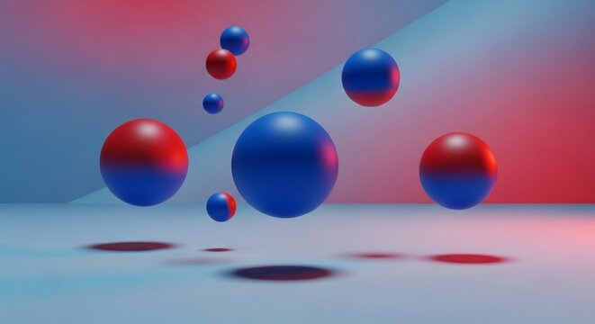 Abstract 3D rendering of floating red and blue spheres with split colors and shadows in a gradient light environment.