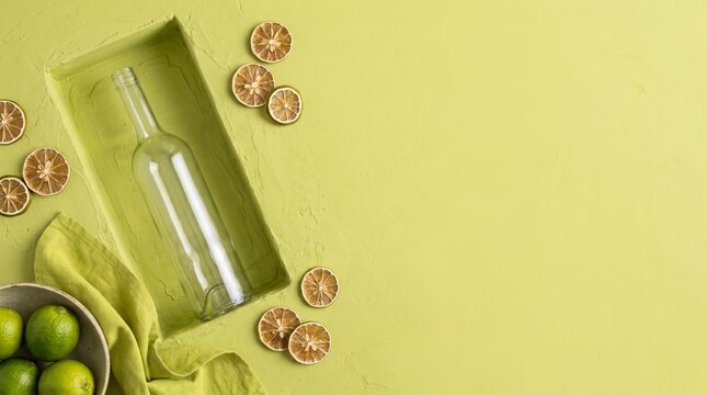 A clean glass bottle with dried lime slices and fresh limes arranged on a textured green surface, evoking a refreshing and natural aesthetic