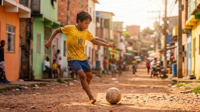Brazilian boy holding a soccer ball in a favela alley, representing dreams, resilience and the spirit of street football