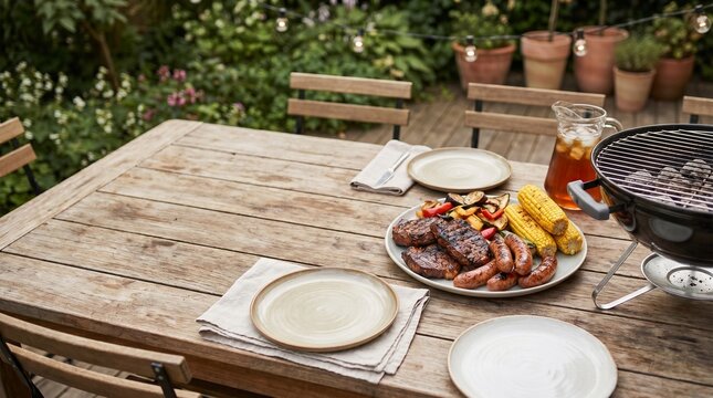 A summer barbecue spread on a rustic wooden table in a garden. The table is set with plates and napkins, ready for a meal, with a grill full of food and a pitcher of iced tea.