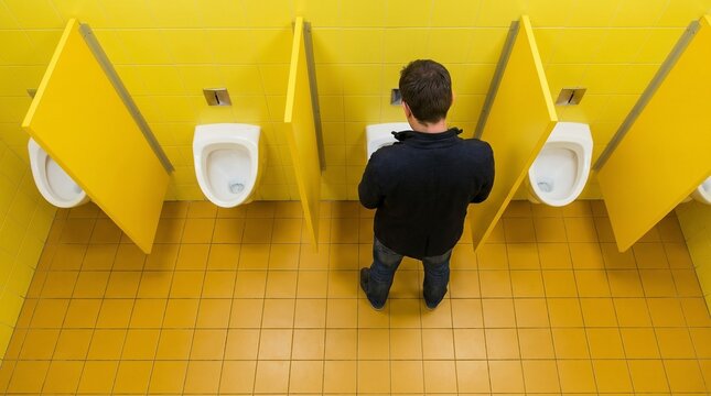 A man stands in a row of yellow public urinals. The bright yellow tiles and dividers create a vibrant, modern aesthetic