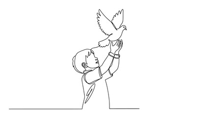 Fototapeta premium Child Releasing Dove, One Line Art