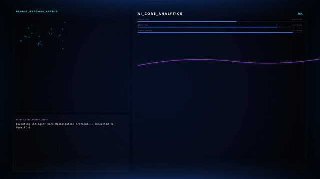 A futuristic data analytics interface showing graphs, charts, and metrics with a dark blue background and vibrant neon accents
