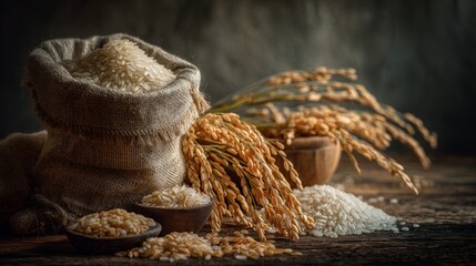 Obraz premium Rustic composition of rice grains in burlap sack, brown wooden bowls, and golden rice plants on textured wooden table in warm lighting