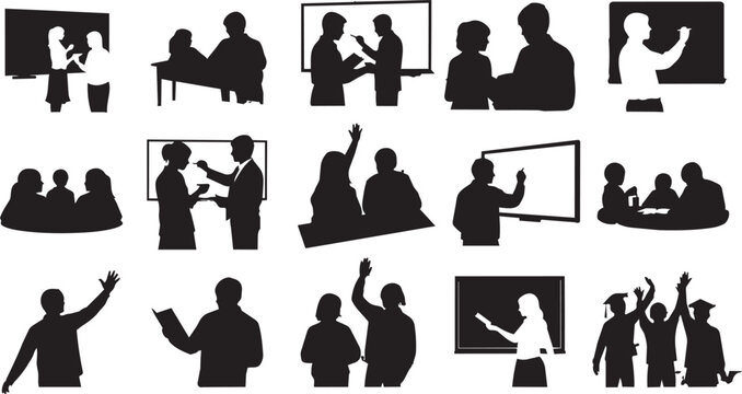 Business people, office workers, meeting silhouettes, black icons, 20 vector graphics