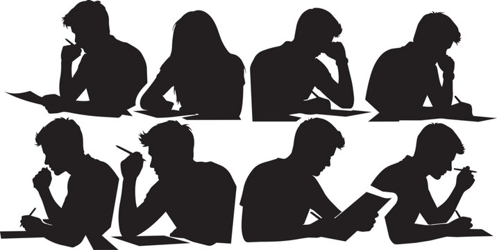Silhouettes of people reading, writing, and studying, student silhouettes, black icons, educational illustrations