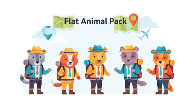 Animal Hiking Team: Vector Illustration, Tourist Wildlife Group