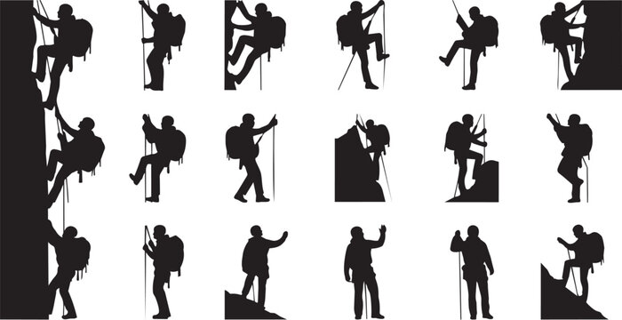 Hiking, climbing, adventure icons, black silhouettes, 20 people trekking, outdoor activity set, vector graphics