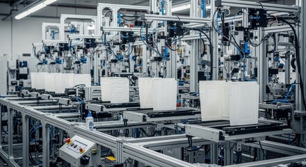 Fototapeta premium Automated robotic factory system with assembly lines and advanced machinery