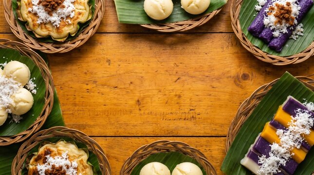 Assortment of Filipino Kakanin Desserts on Wooden Table.
