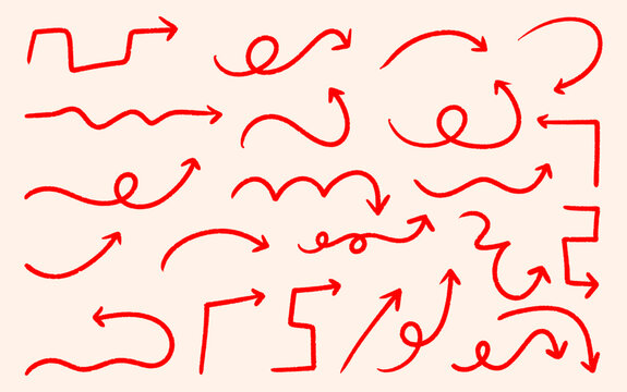 Hand-Drawn Red Arrow Set, Brush Stroke Sketch Arrows on Beige Background