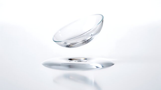 Close-up of a clear contact lens floating above a surface, isolated on white.
