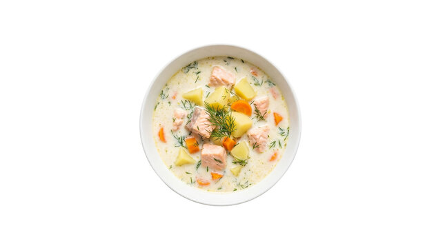 Creamy chowder bowl with vegetables and fish pieces.