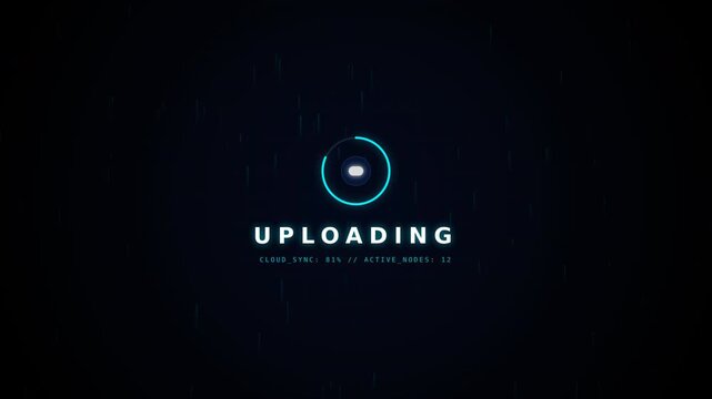 A dark digital interface with a central circular uploading icon, glowing lines, and fragmented text indicating an uploading process