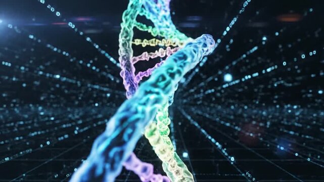 Colorful glowing DNA double helix strand in digital space.