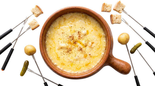 Delicious Cheese Fondue with Bread and Pickles.