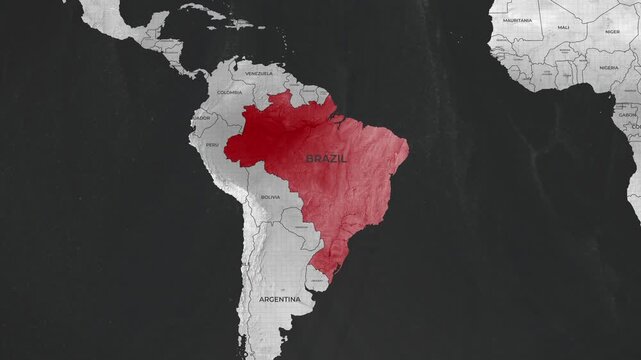 brazil country map highlighted in red color on south america geography world map background in high resolution